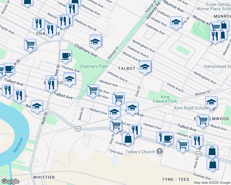 map of restaurants, bars, coffee shops, grocery stores, and more near 575 Castle Avenue in Winnipeg