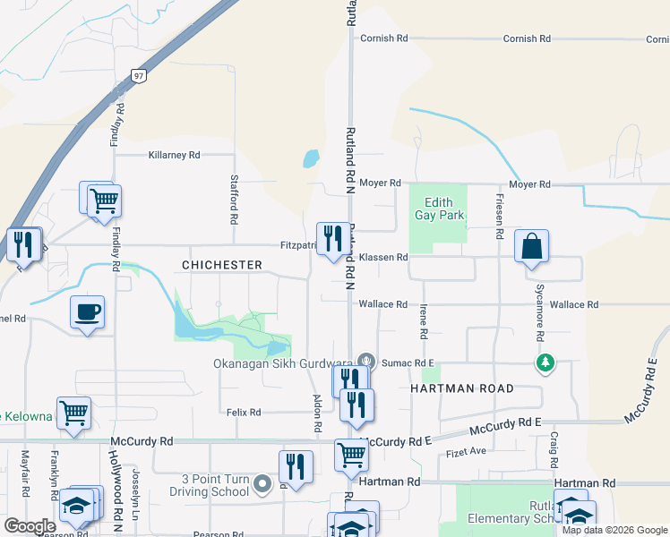 map of restaurants, bars, coffee shops, grocery stores, and more near 1370 Rutland Road North in Kelowna