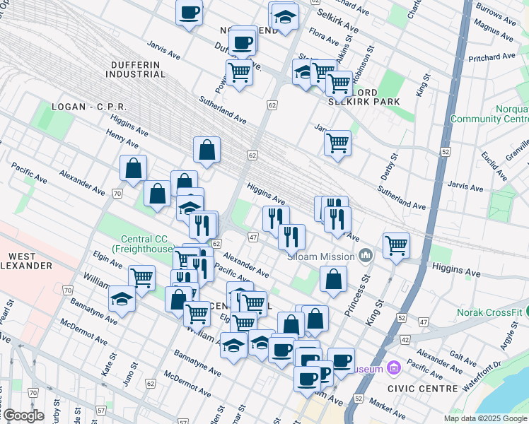 map of restaurants, bars, coffee shops, grocery stores, and more near 311 Patrick Street in Winnipeg