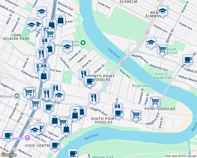 map of restaurants, bars, coffee shops, grocery stores, and more near 95 Disraeli Street in Winnipeg