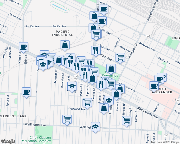 map of restaurants, bars, coffee shops, grocery stores, and more near 44 McPhillips Street in Winnipeg