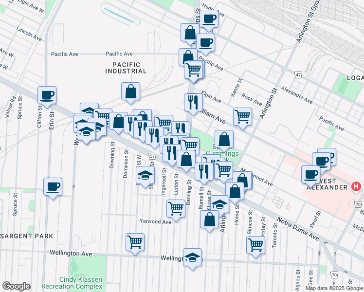 map of restaurants, bars, coffee shops, grocery stores, and more near 44 McPhillips Street in Winnipeg