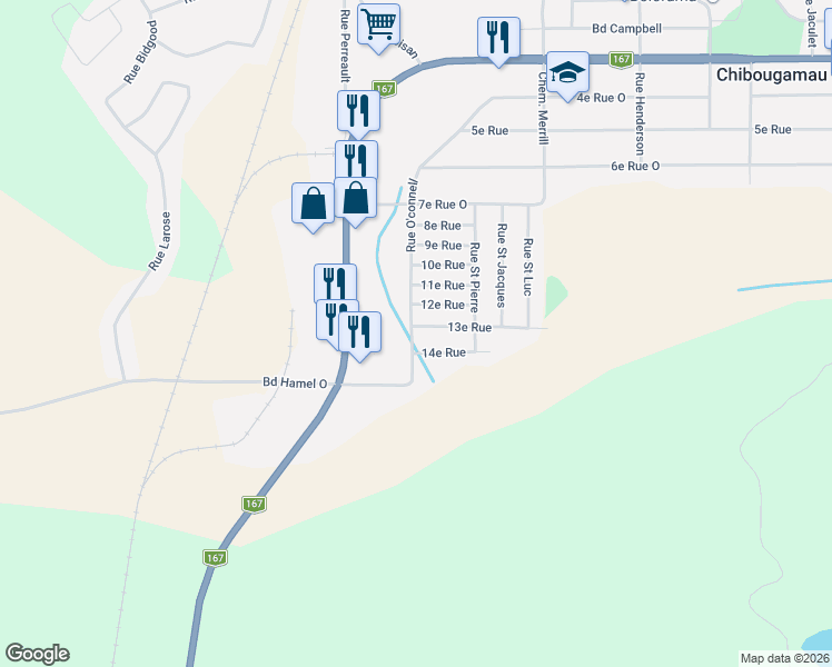 map of restaurants, bars, coffee shops, grocery stores, and more near 1506 13e Rue in Chibougamau