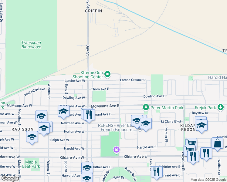 map of restaurants, bars, coffee shops, grocery stores, and more near 151 Dowling Avenue East in Winnipeg