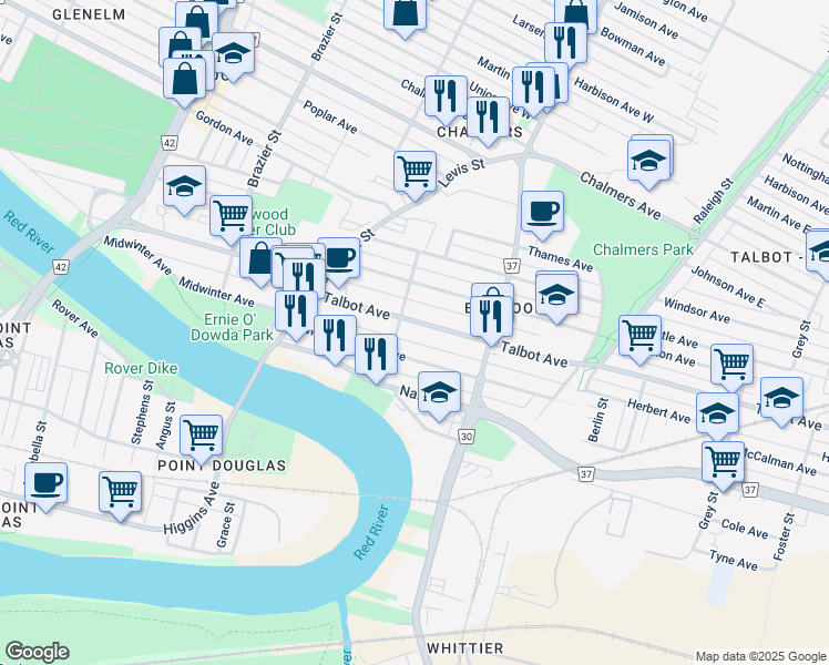 map of restaurants, bars, coffee shops, grocery stores, and more near 415 William Newton Avenue in Winnipeg