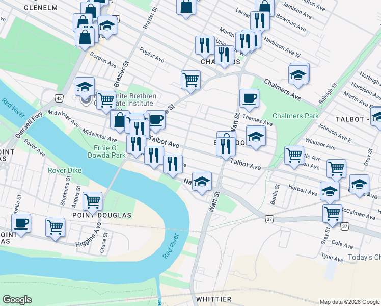 map of restaurants, bars, coffee shops, grocery stores, and more near 394 Talbot Avenue in Winnipeg