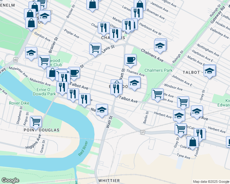 map of restaurants, bars, coffee shops, grocery stores, and more near in Winnipeg