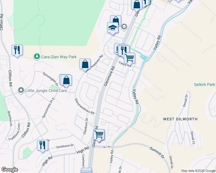 map of restaurants, bars, coffee shops, grocery stores, and more near Glenmore Road in Kelowna