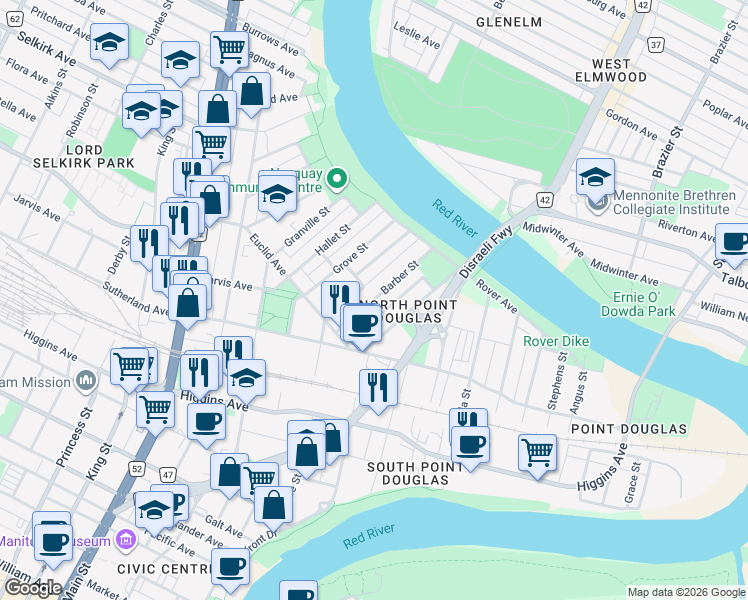 map of restaurants, bars, coffee shops, grocery stores, and more near Barber Street in Winnipeg