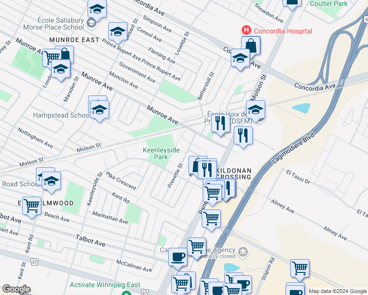 map of restaurants, bars, coffee shops, grocery stores, and more near 120 Prevette Street in Winnipeg