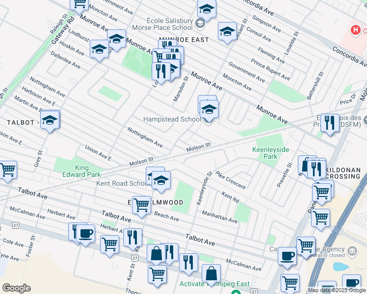 map of restaurants, bars, coffee shops, grocery stores, and more near 476 Besant Street in Winnipeg