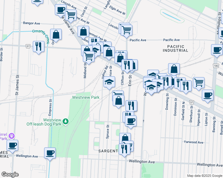 map of restaurants, bars, coffee shops, grocery stores, and more near in Winnipeg