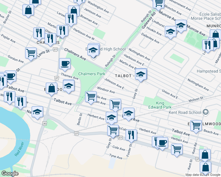 map of restaurants, bars, coffee shops, grocery stores, and more near in Winnipeg
