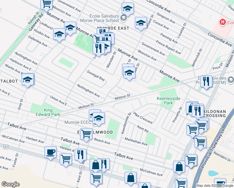 map of restaurants, bars, coffee shops, grocery stores, and more near 915 Norwich Avenue in Winnipeg