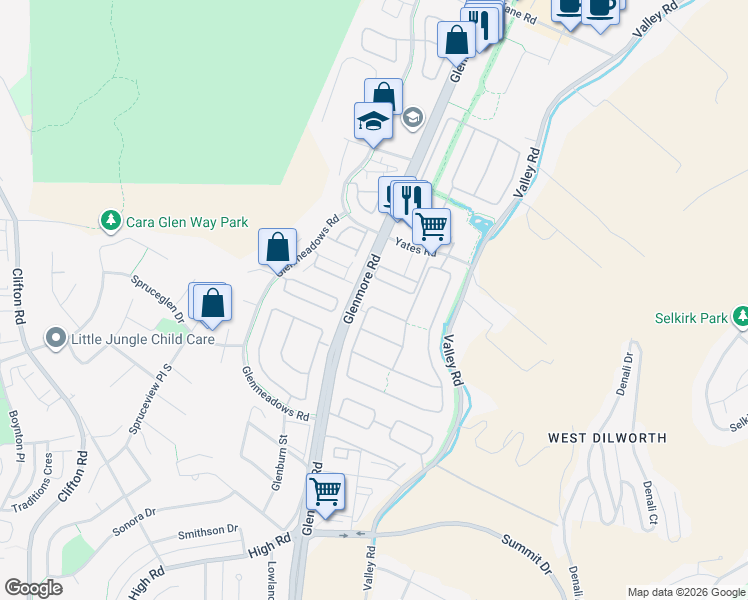 map of restaurants, bars, coffee shops, grocery stores, and more near 555 Yates Road in Kelowna