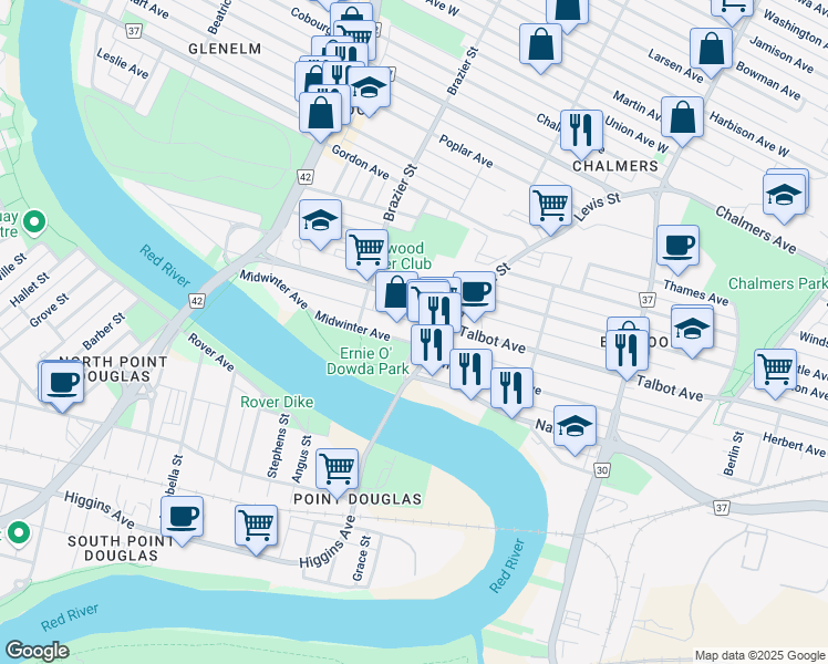 map of restaurants, bars, coffee shops, grocery stores, and more near 295 Midwinter Avenue in Winnipeg