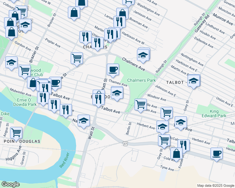 map of restaurants, bars, coffee shops, grocery stores, and more near 460 Tweed Avenue in Winnipeg