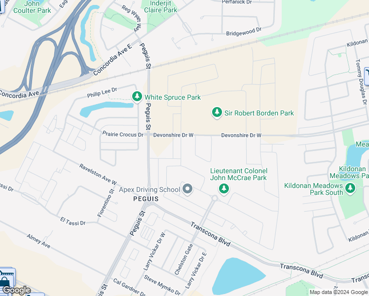 map of restaurants, bars, coffee shops, grocery stores, and more near 27 Doctor Michael K Grace Lane in Winnipeg