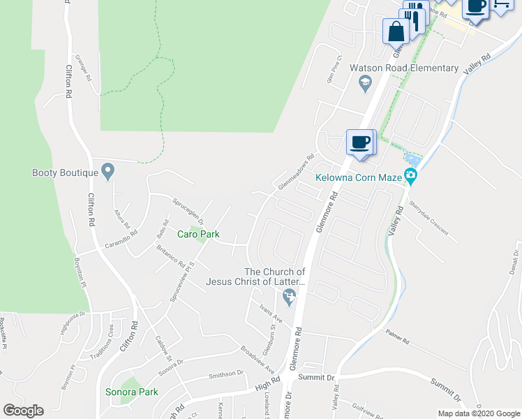 map of restaurants, bars, coffee shops, grocery stores, and more near Glenmeadows Road in Kelowna