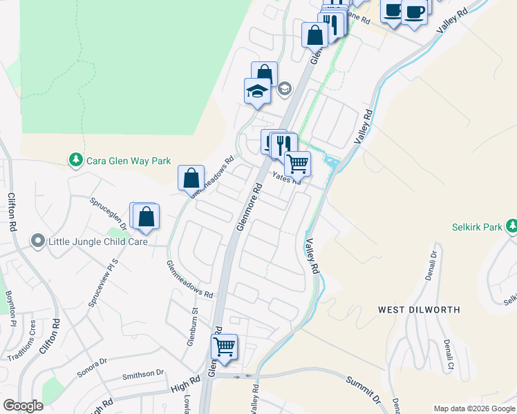 map of restaurants, bars, coffee shops, grocery stores, and more near 555 Yates Road in Kelowna