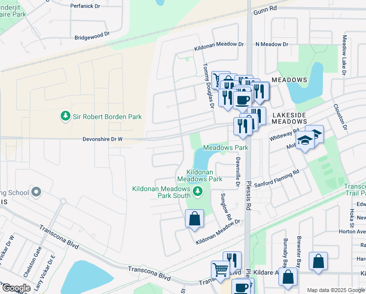 map of restaurants, bars, coffee shops, grocery stores, and more near Kildonan Meadow Drive in Winnipeg