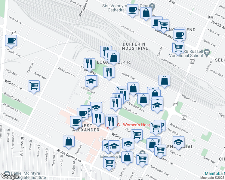 map of restaurants, bars, coffee shops, grocery stores, and more near 258 Owena Street in Winnipeg