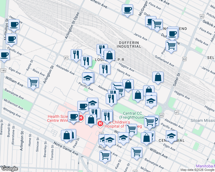 map of restaurants, bars, coffee shops, grocery stores, and more near 258 Owena Street in Winnipeg