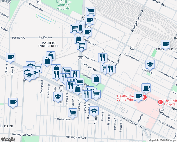 map of restaurants, bars, coffee shops, grocery stores, and more near 122 Lark Street in Winnipeg