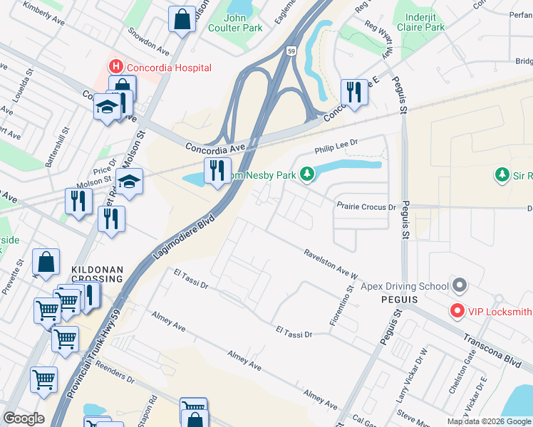 map of restaurants, bars, coffee shops, grocery stores, and more near in Winnipeg