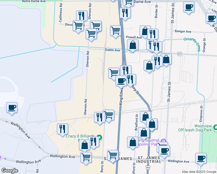 map of restaurants, bars, coffee shops, grocery stores, and more near 1000 King Edward Street in Winnipeg