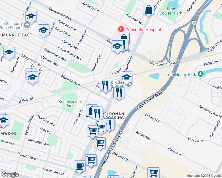 map of restaurants, bars, coffee shops, grocery stores, and more near 65 Girdwood Crescent in Winnipeg