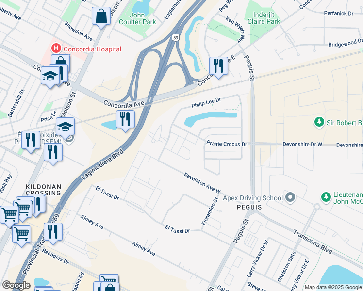 map of restaurants, bars, coffee shops, grocery stores, and more near Golden Boy Lane in Winnipeg