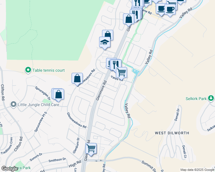 map of restaurants, bars, coffee shops, grocery stores, and more near 551 Yates Road in Kelowna