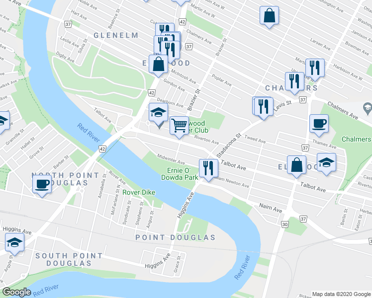map of restaurants, bars, coffee shops, grocery stores, and more near 249 Midwinter Avenue in Winnipeg