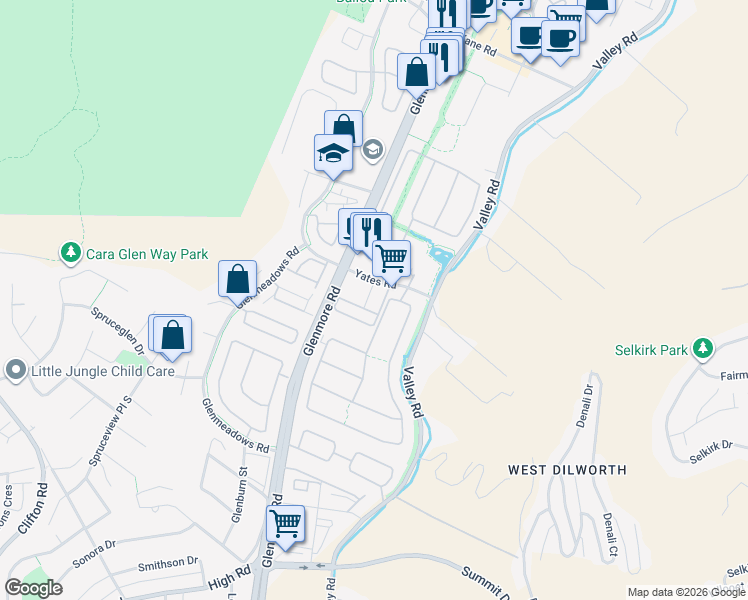 map of restaurants, bars, coffee shops, grocery stores, and more near 533 Yates Road in Kelowna