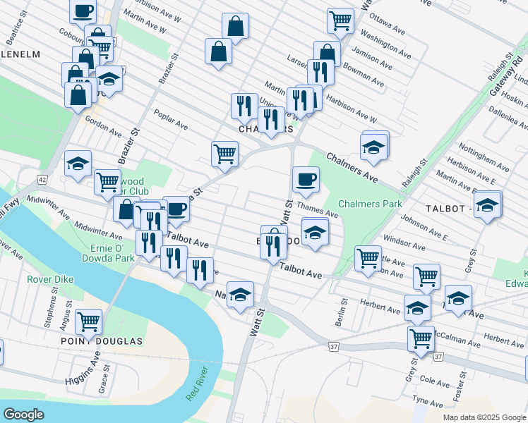 map of restaurants, bars, coffee shops, grocery stores, and more near 387 Tweed Avenue in Winnipeg