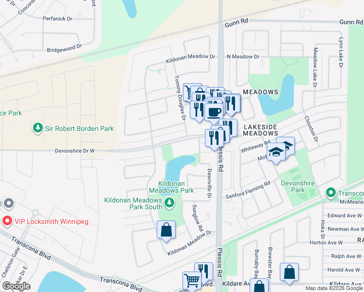 map of restaurants, bars, coffee shops, grocery stores, and more near 1090 Devonshire Drive West in Winnipeg