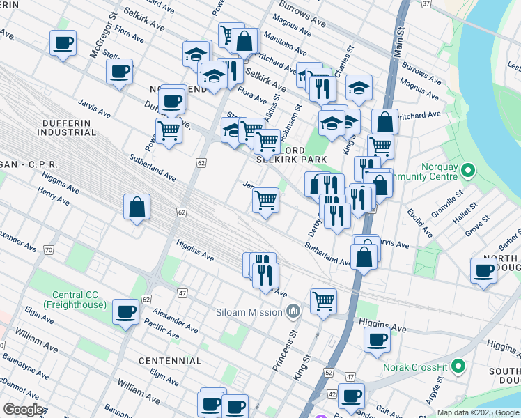 map of restaurants, bars, coffee shops, grocery stores, and more near 6 Charles Street in Winnipeg
