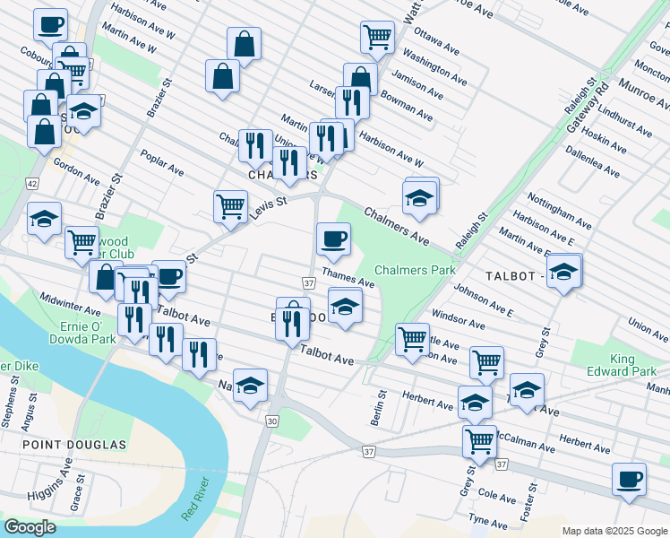 map of restaurants, bars, coffee shops, grocery stores, and more near 431 Thames Avenue in Winnipeg