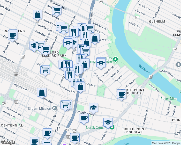 map of restaurants, bars, coffee shops, grocery stores, and more near 214 Austin Street North in Winnipeg