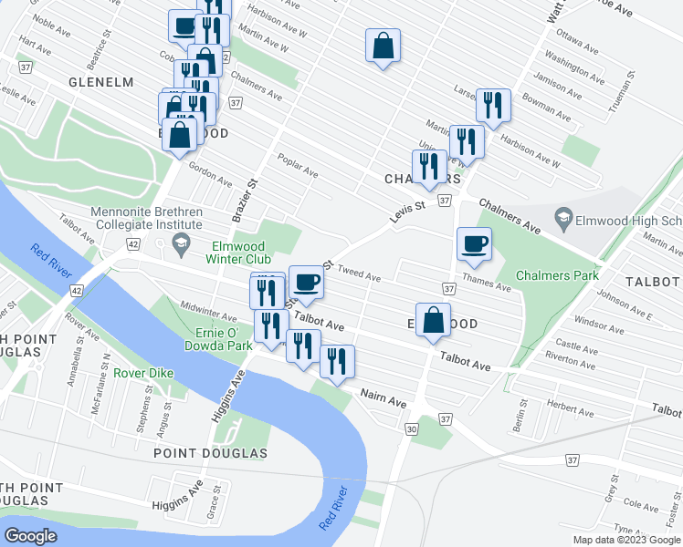 map of restaurants, bars, coffee shops, grocery stores, and more near 310 Tweed Avenue in Winnipeg