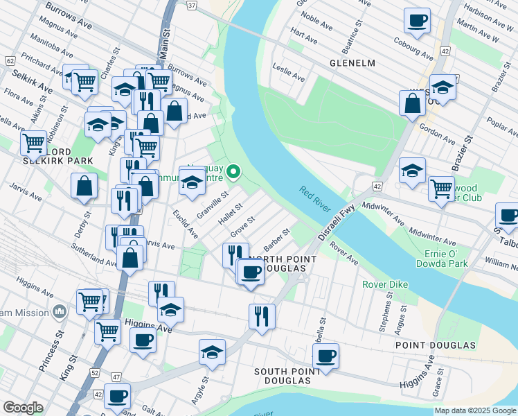 map of restaurants, bars, coffee shops, grocery stores, and more near 57 Grove Street in Winnipeg