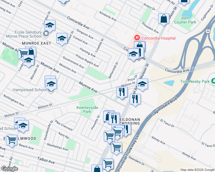 map of restaurants, bars, coffee shops, grocery stores, and more near 1060 Moncton Avenue in Winnipeg