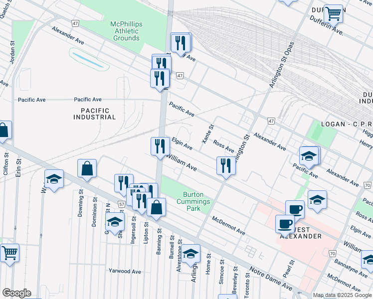 map of restaurants, bars, coffee shops, grocery stores, and more near in Winnipeg