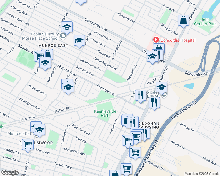 map of restaurants, bars, coffee shops, grocery stores, and more near 1035 Munroe Avenue in Winnipeg
