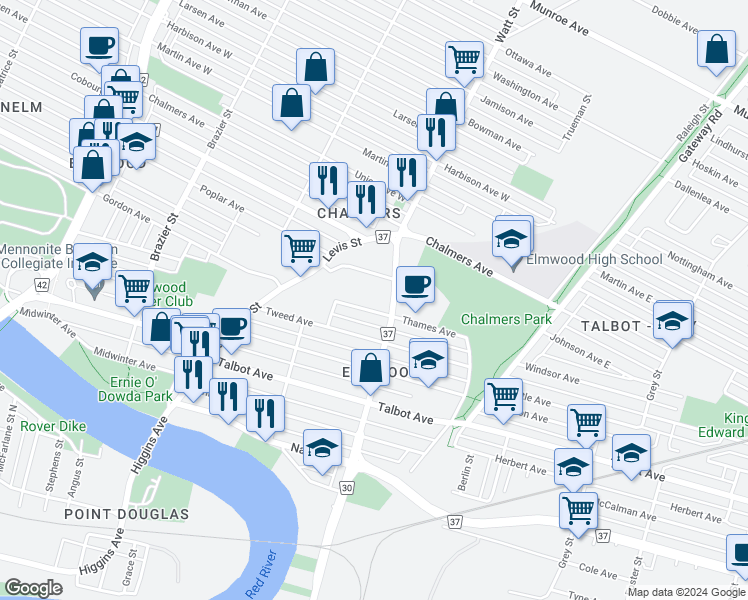 map of restaurants, bars, coffee shops, grocery stores, and more near 170 Watt Street in Winnipeg