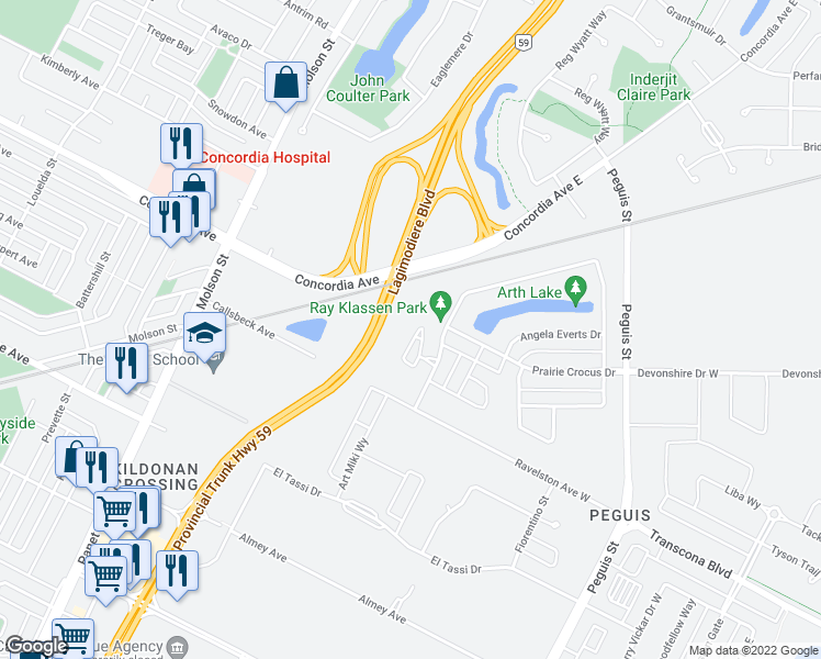 map of restaurants, bars, coffee shops, grocery stores, and more near Lagimodiere Boulevard in Winnipeg