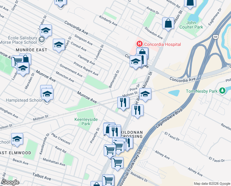 map of restaurants, bars, coffee shops, grocery stores, and more near 1080 Moncton Avenue in Winnipeg