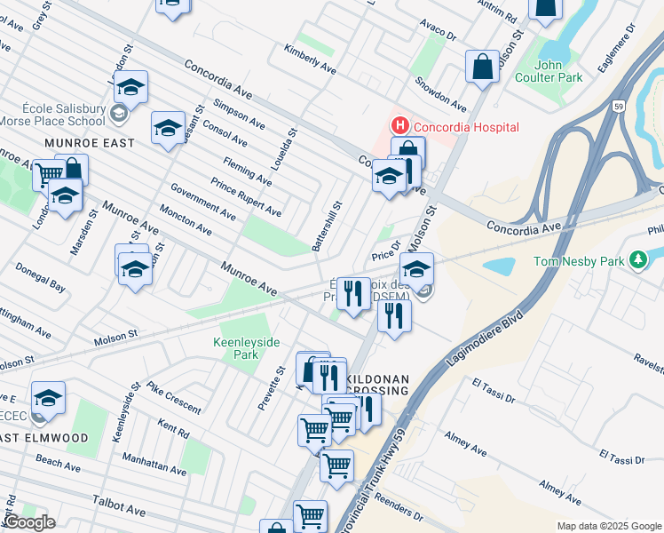 map of restaurants, bars, coffee shops, grocery stores, and more near 1080 Moncton Avenue in Winnipeg