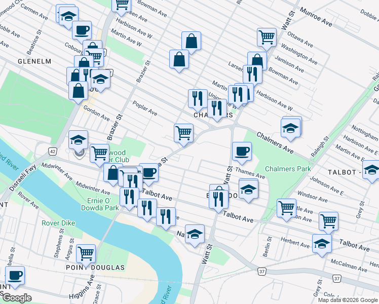 map of restaurants, bars, coffee shops, grocery stores, and more near 185 Stadacona Street in Winnipeg